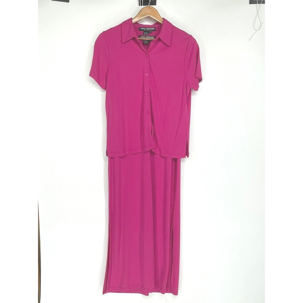 NWT Nina Leonard Womens 2pc Dress Set P/M Maxi Pink Short Sleeve Button Shirt